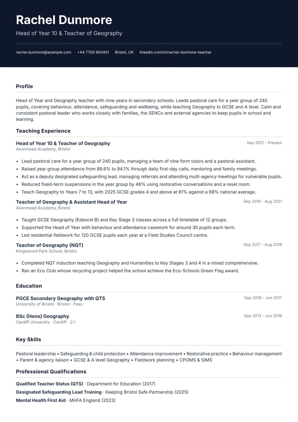Head of Year CV template
