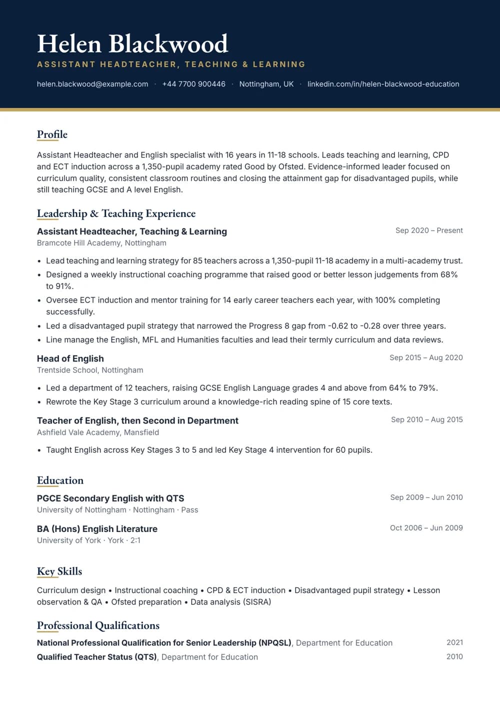 Assistant Headteacher CV template