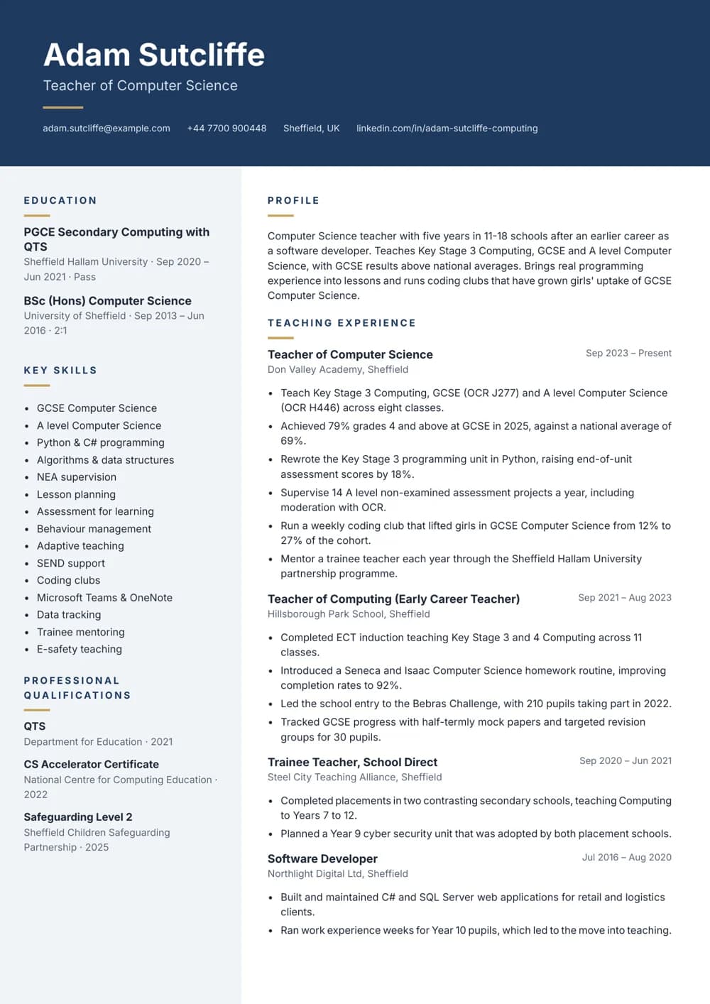 Computer Science Teacher CV template