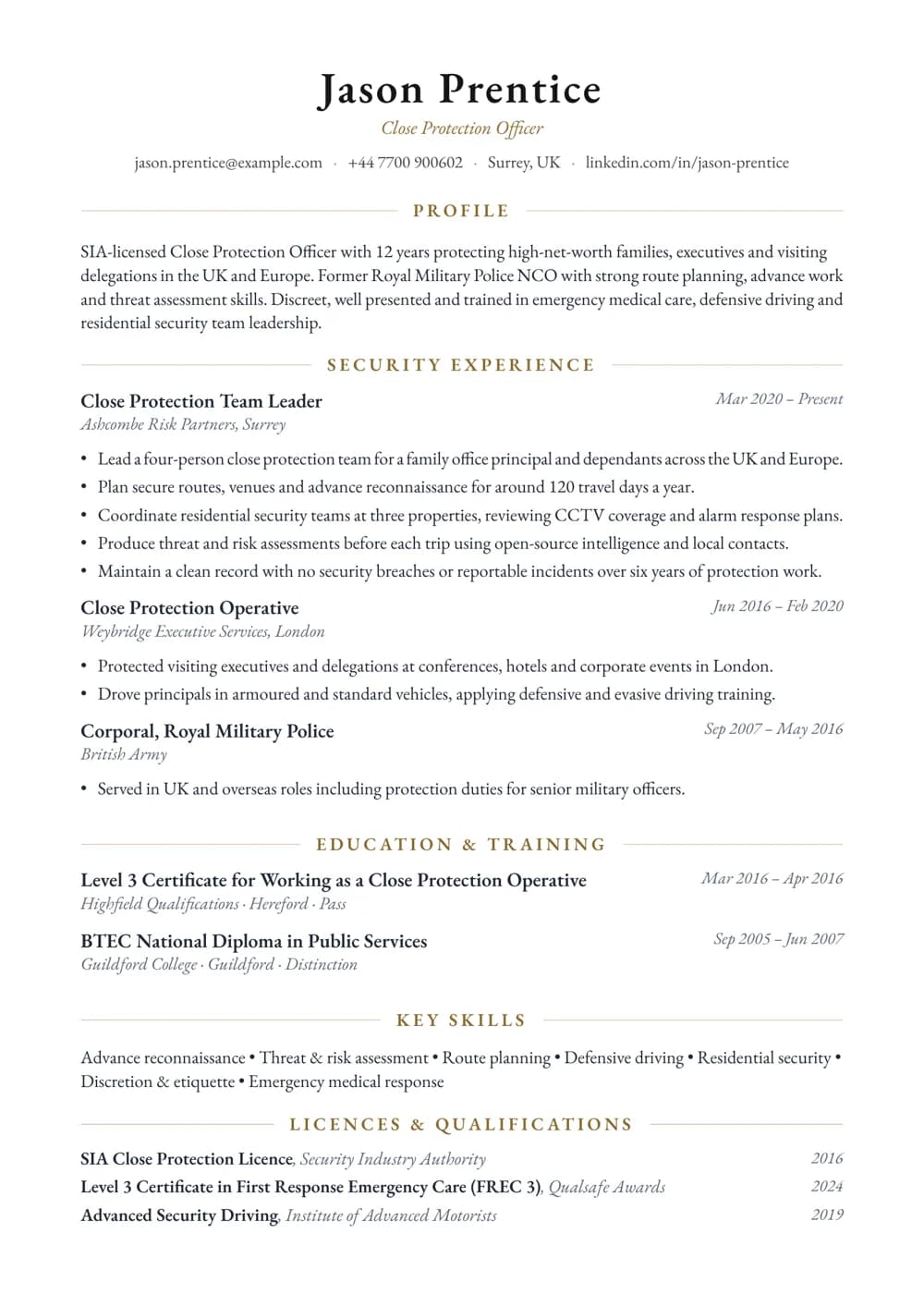 Close Protection Officer CV template
