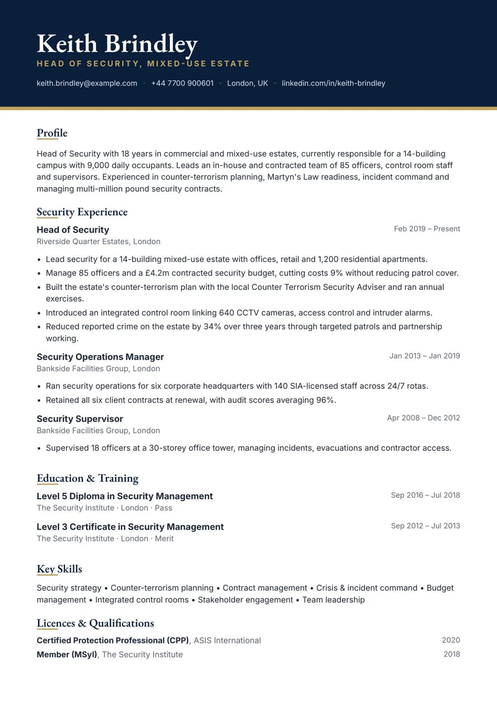 head of security cv template