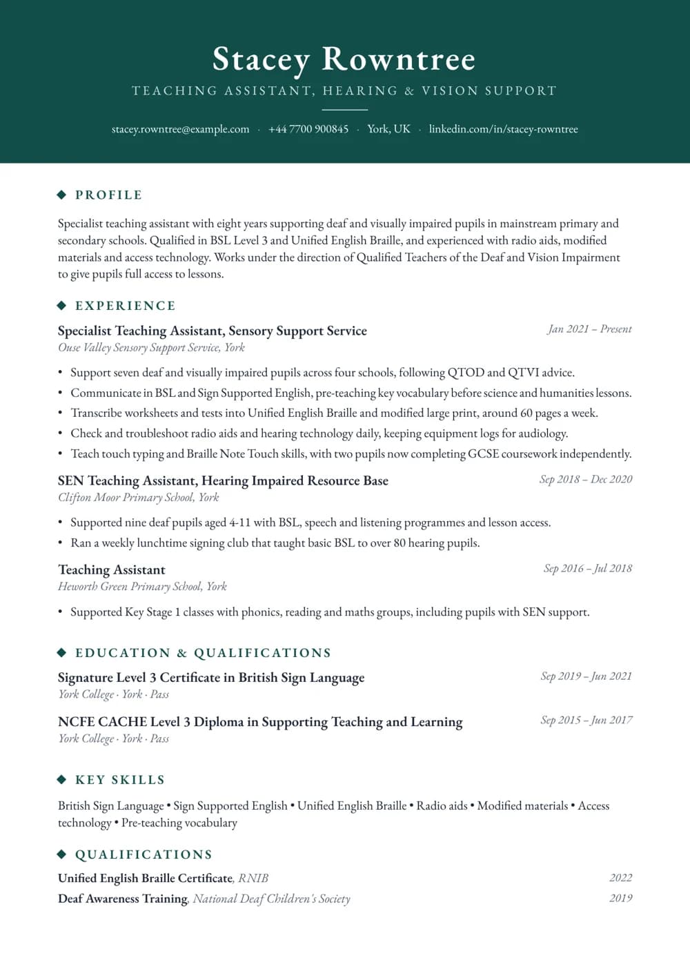 Sensory Impairment Teaching Assistant CV template