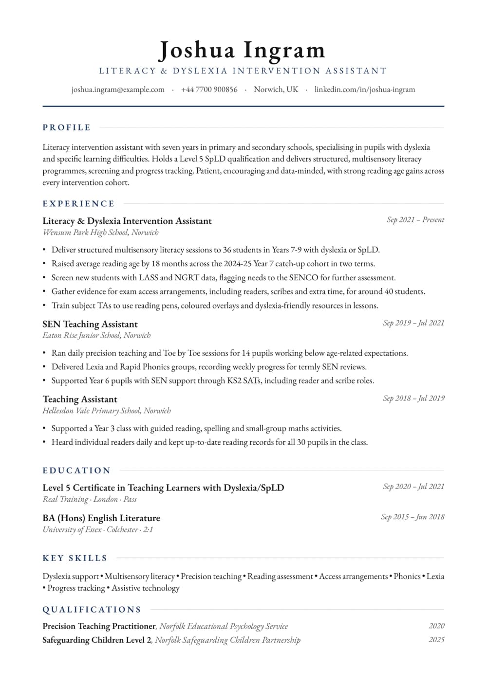 Dyslexia & Literacy Intervention Assistant CV template