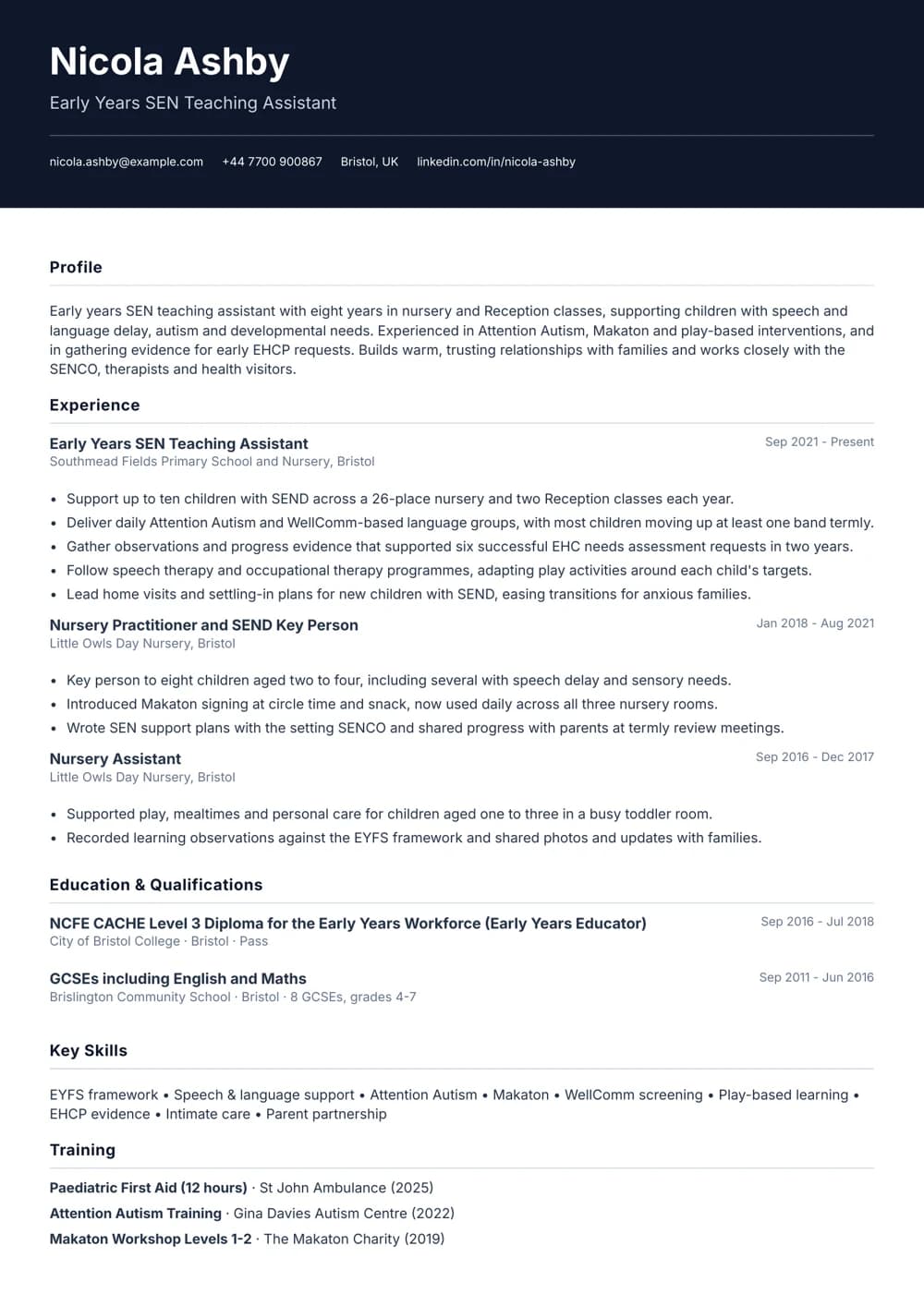 Early Years SEN Teaching Assistant CV template