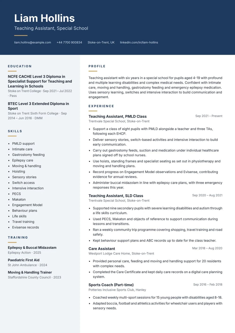 Special School Teaching Assistant CV template