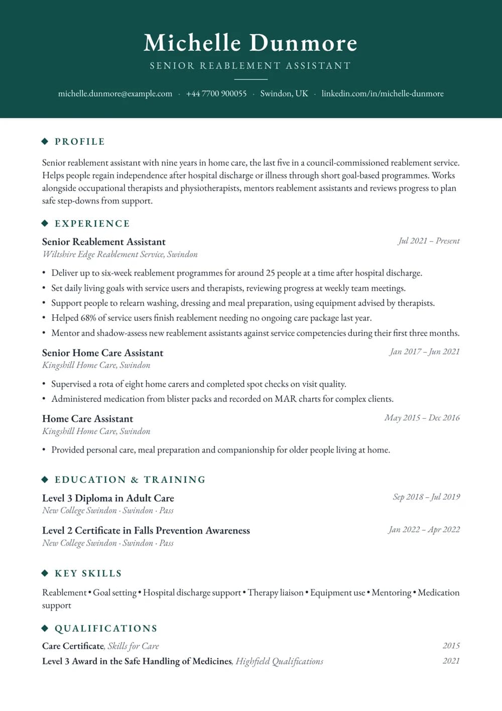 Senior Reablement Care Assistant CV template