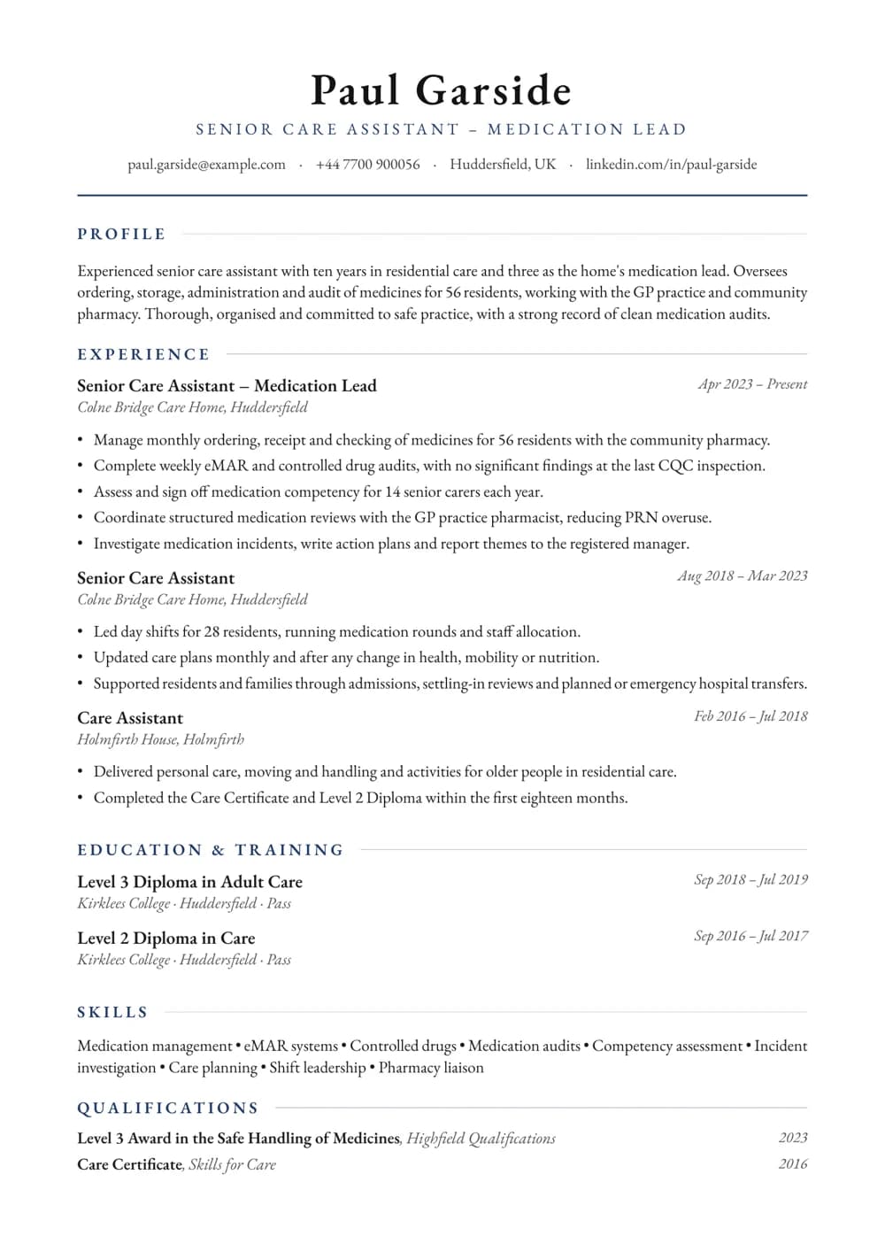 Senior Care Assistant – Medication Lead CV template