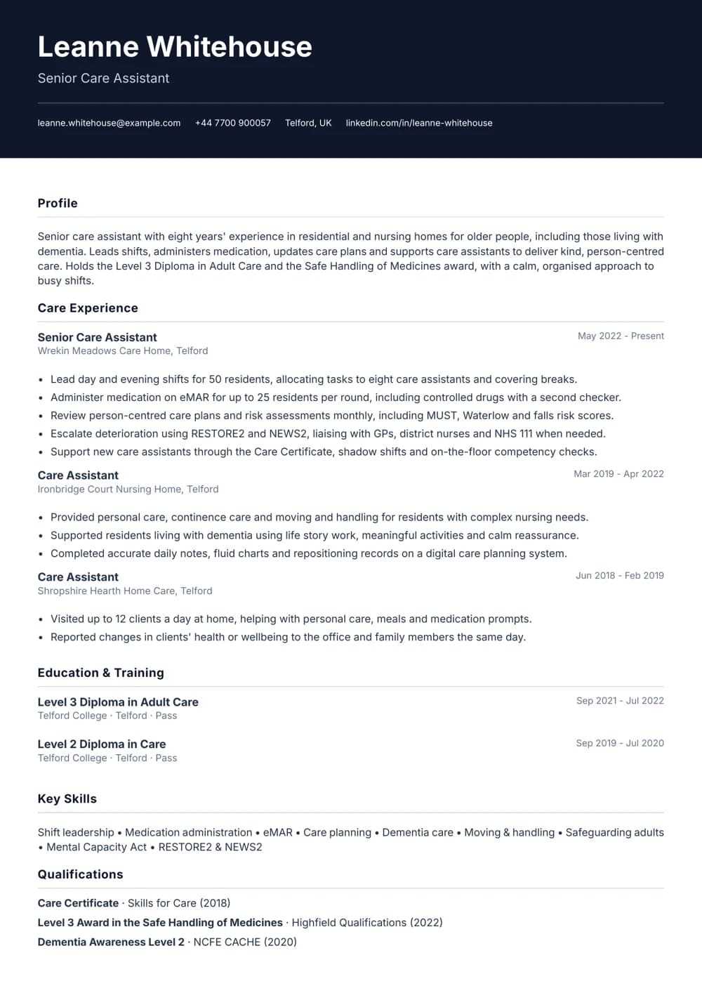 Senior Carer CV template