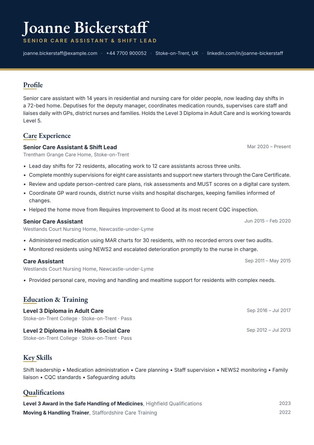 Senior Carer & Shift Lead CV template