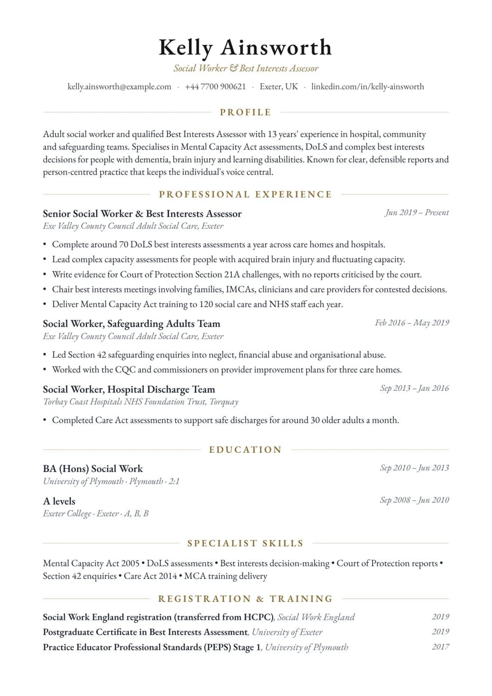Best Interests Assessor (BIA) CV template