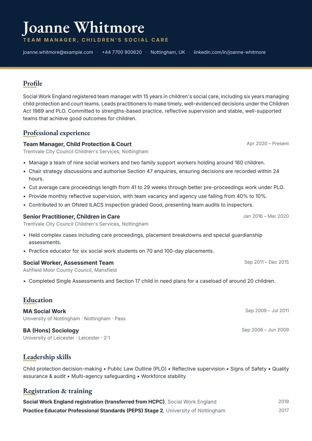 social work team manager cv template