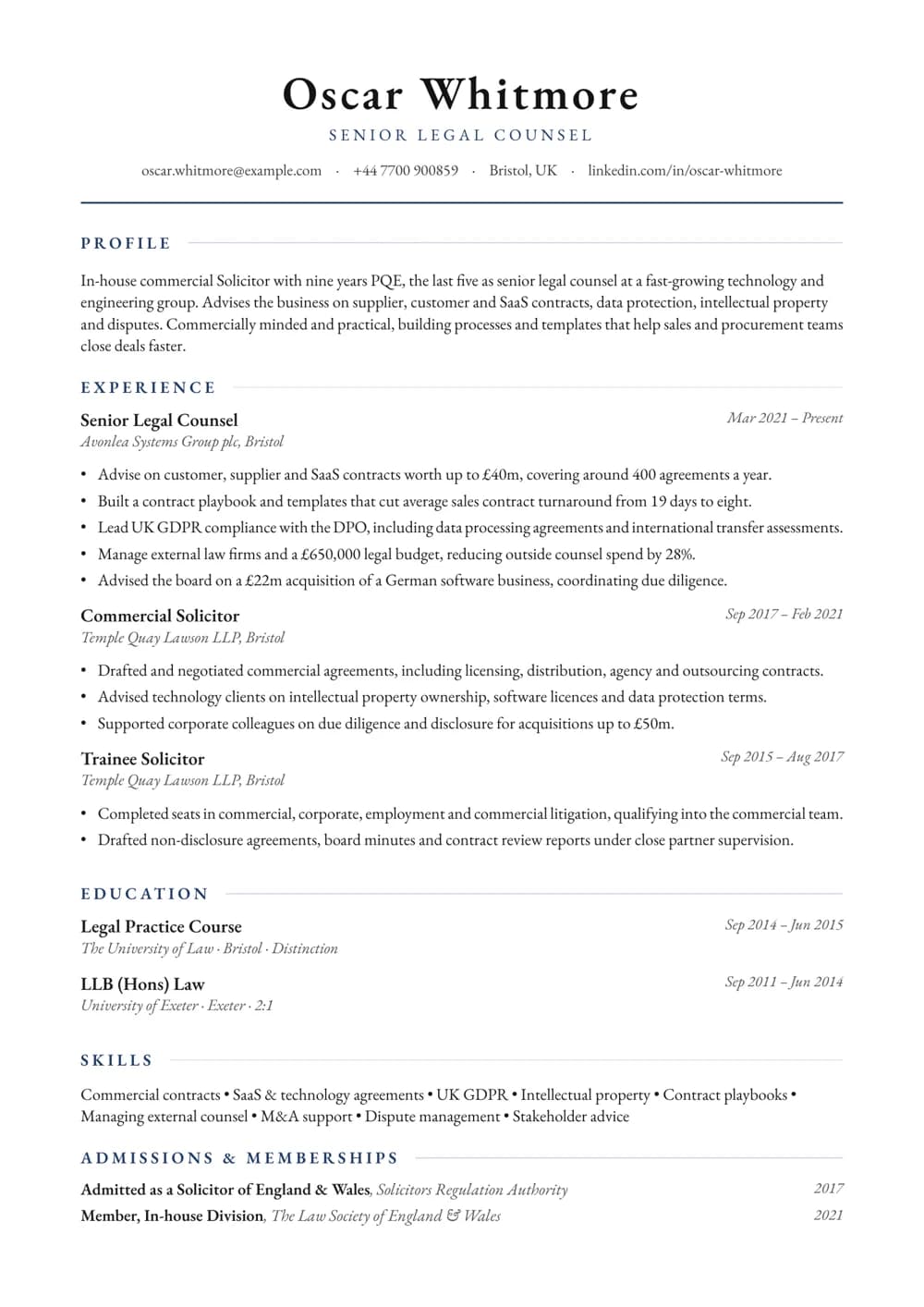 In-House Commercial Solicitor CV template