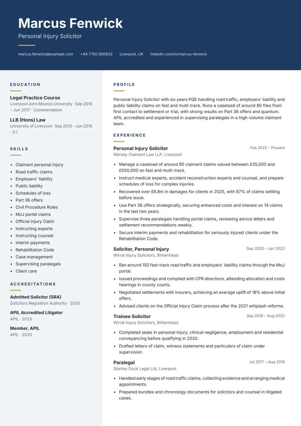 Personal Injury Solicitor CV template