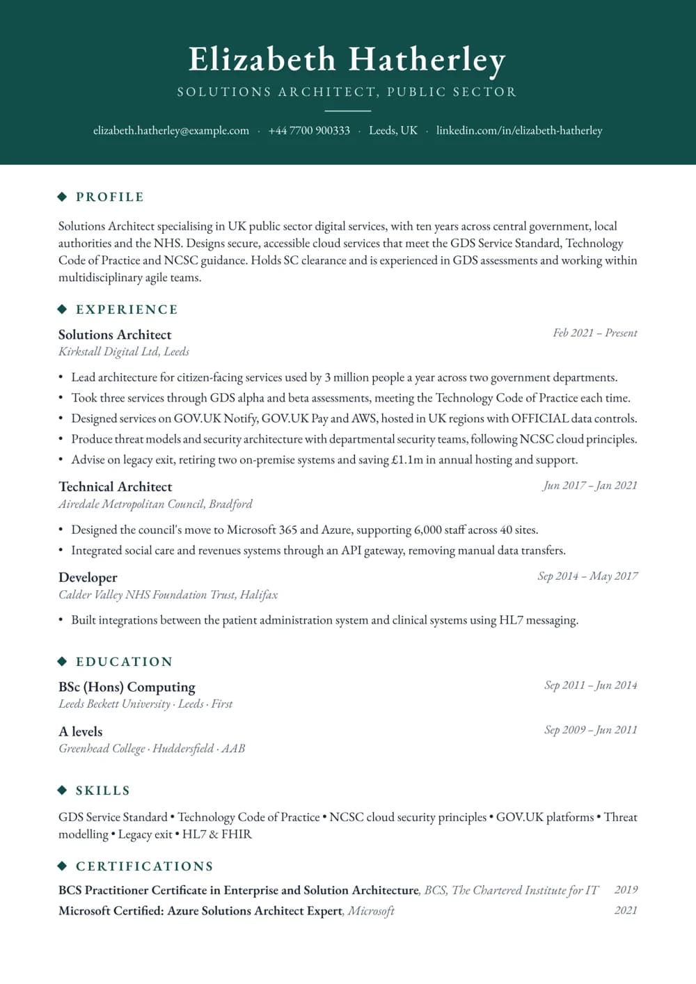 Public Sector Solutions Architect CV template