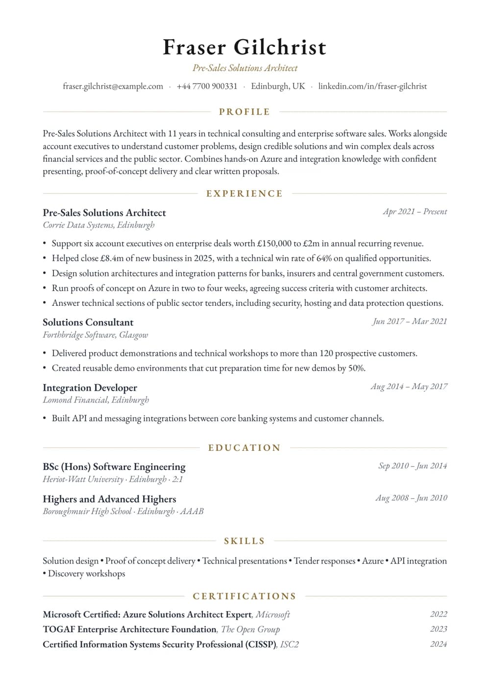 Pre-Sales Solutions Architect CV template