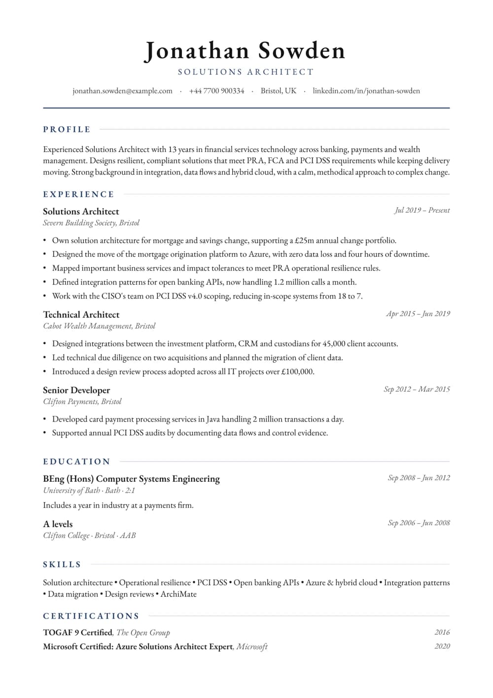 Financial Services Solutions Architect CV template