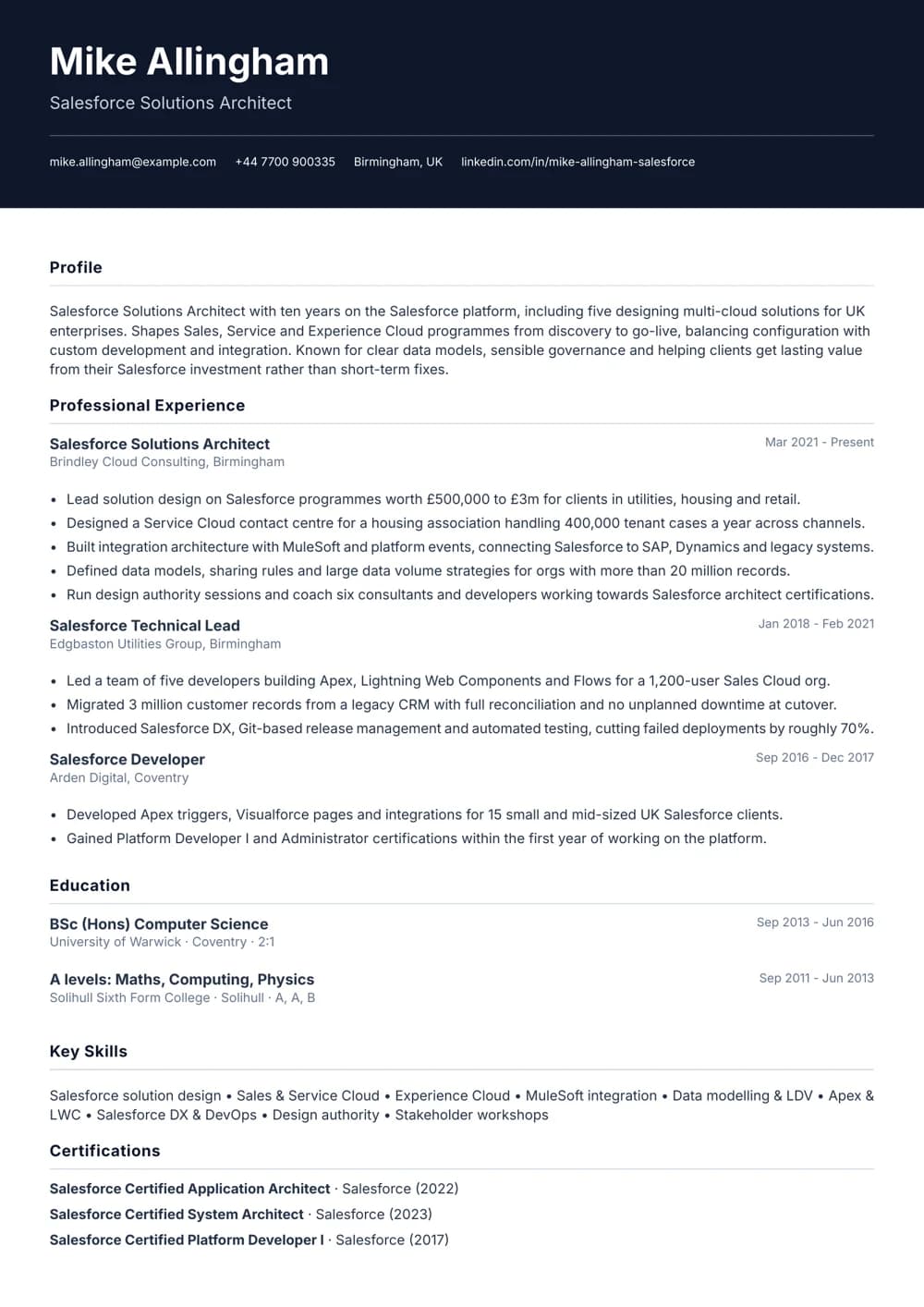 Salesforce Solutions Architect CV template
