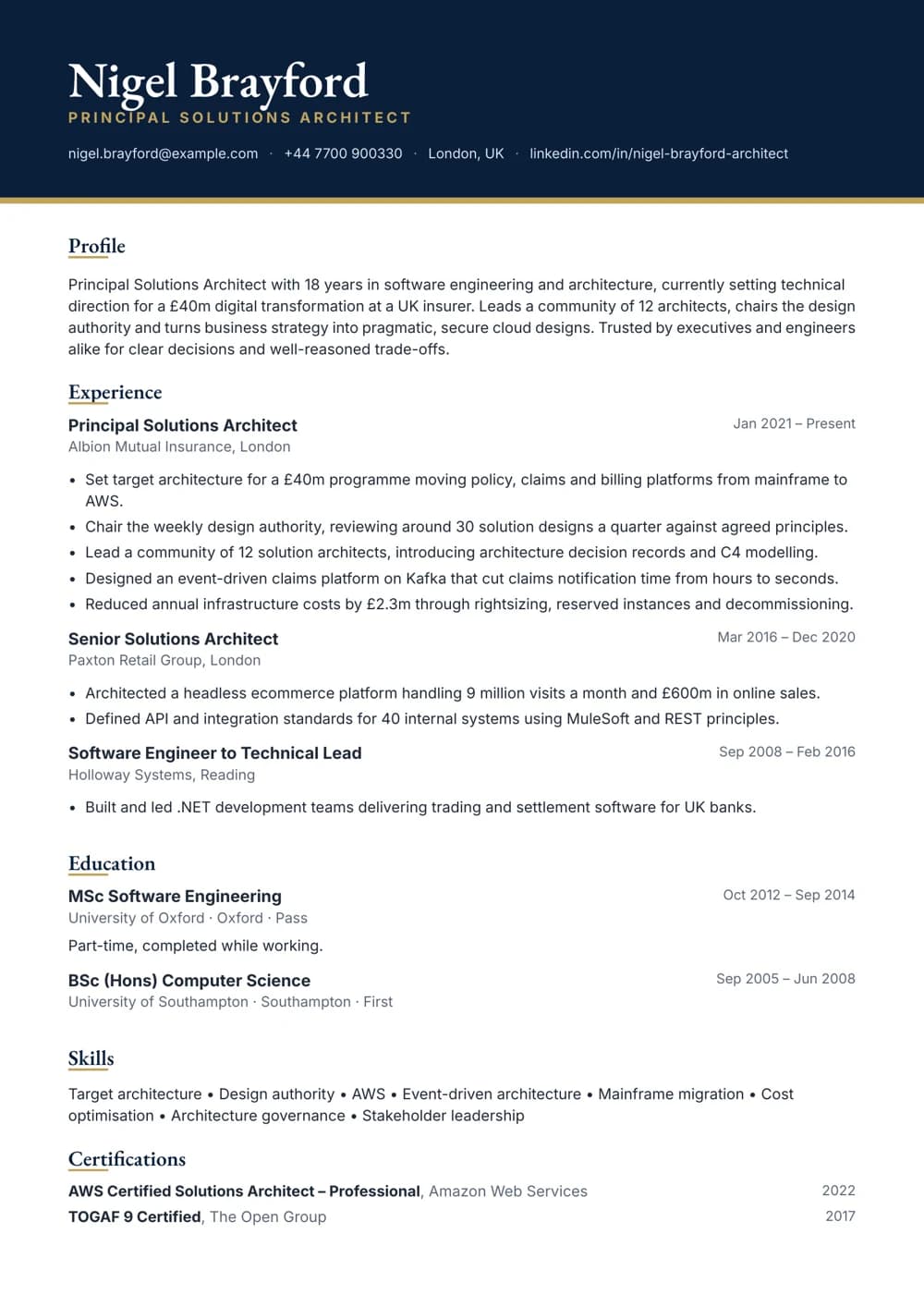 Principal Solutions Architect CV template