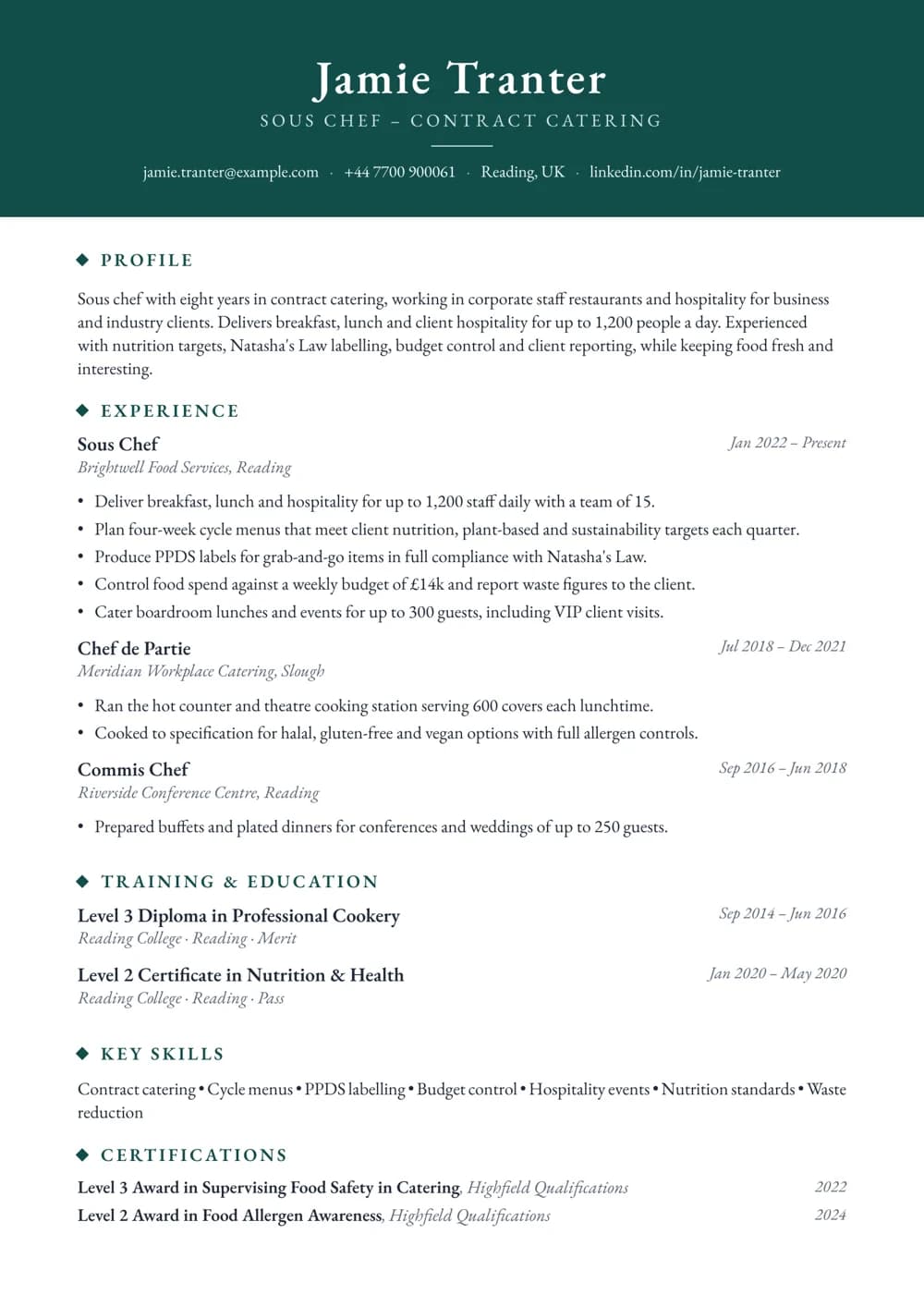 Contract Catering Sous Chef CV template