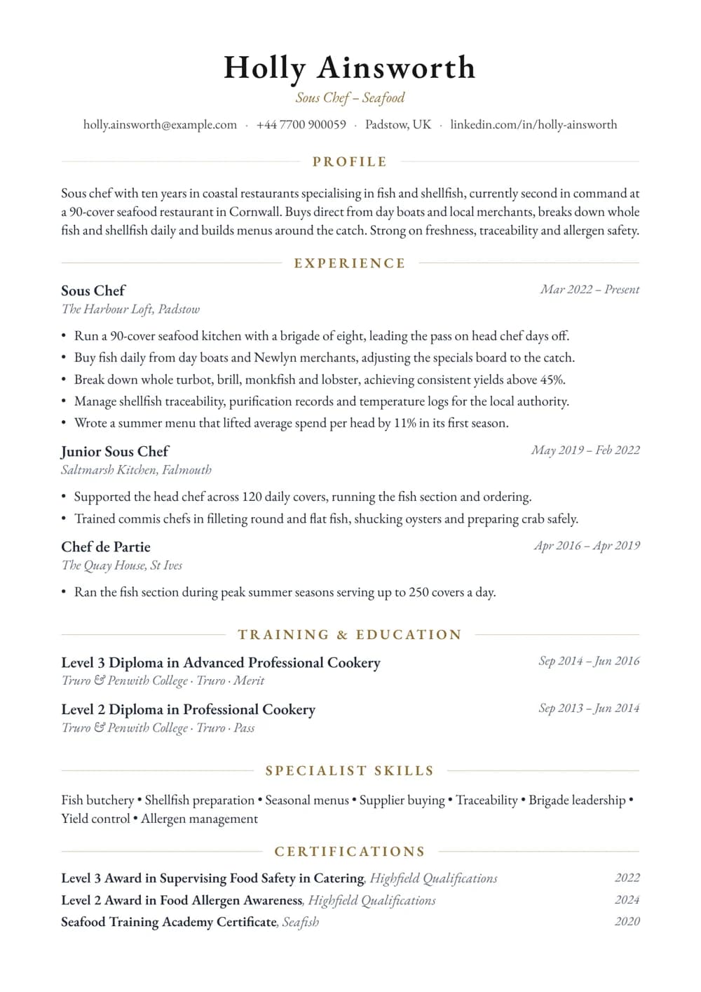 Seafood Restaurant Sous Chef CV template