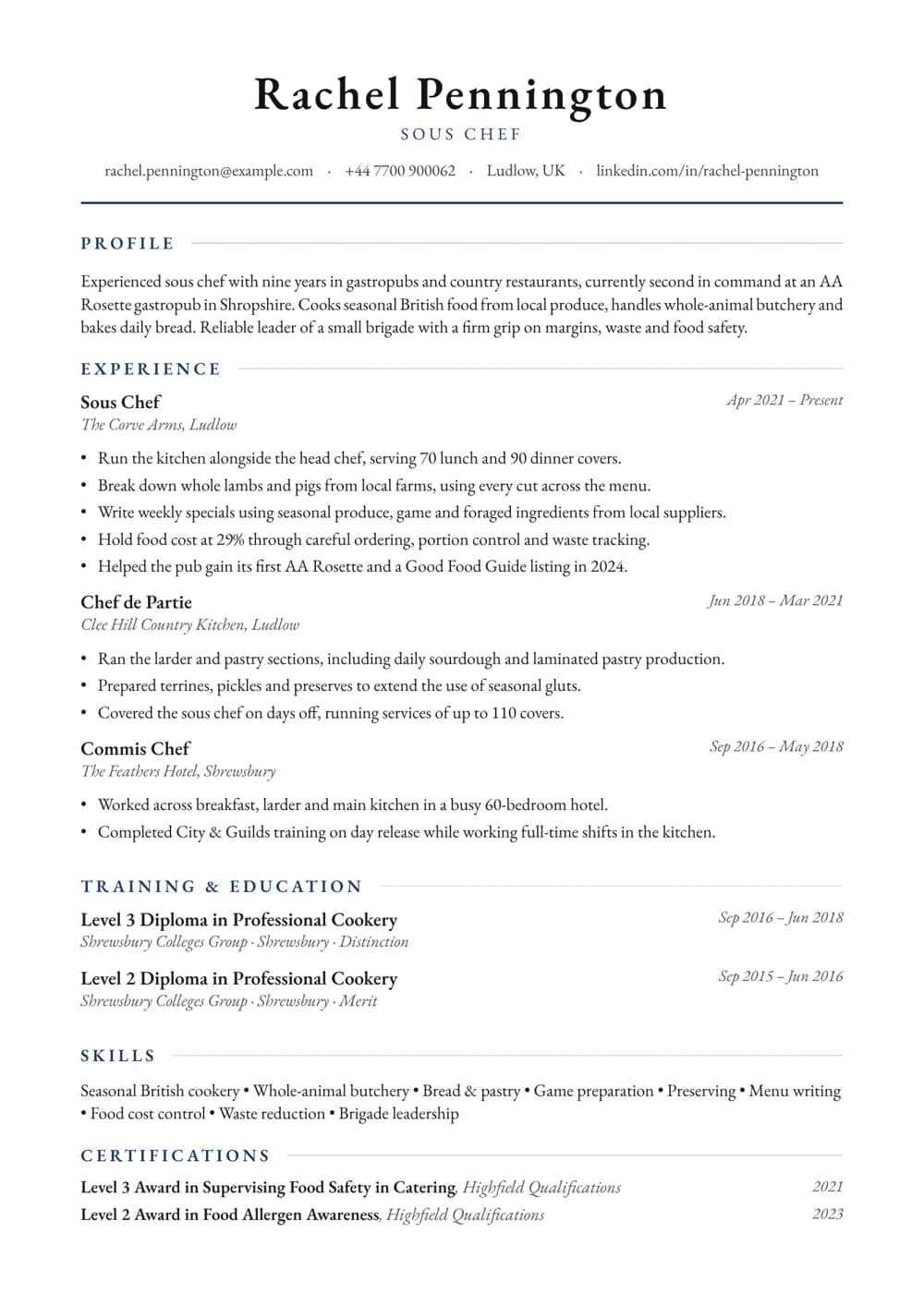 Gastropub Sous Chef CV template