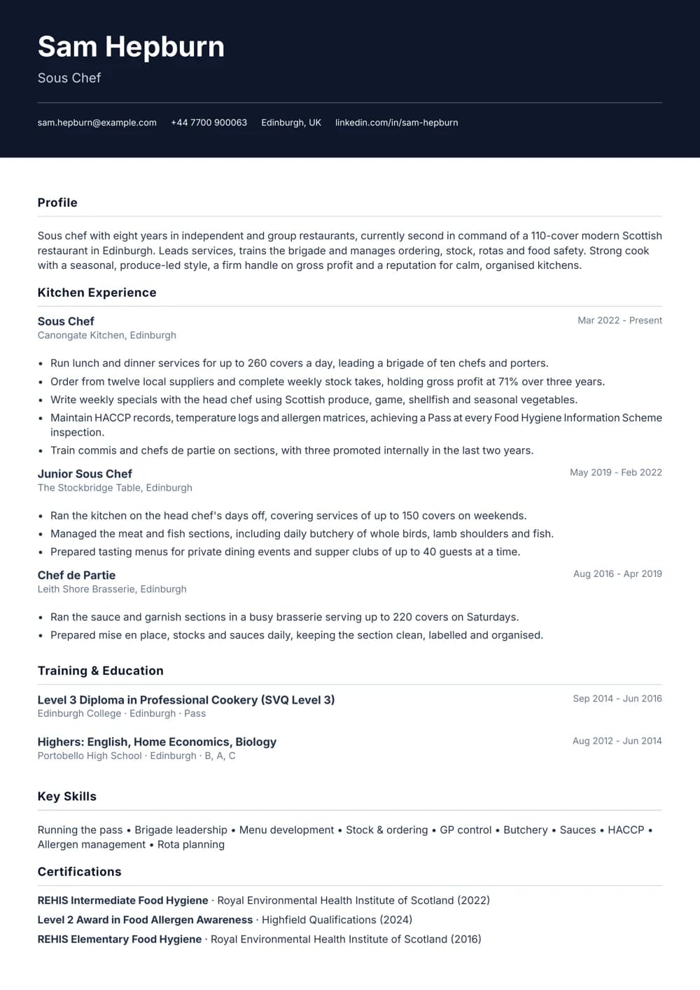 Restaurant Sous Chef CV template