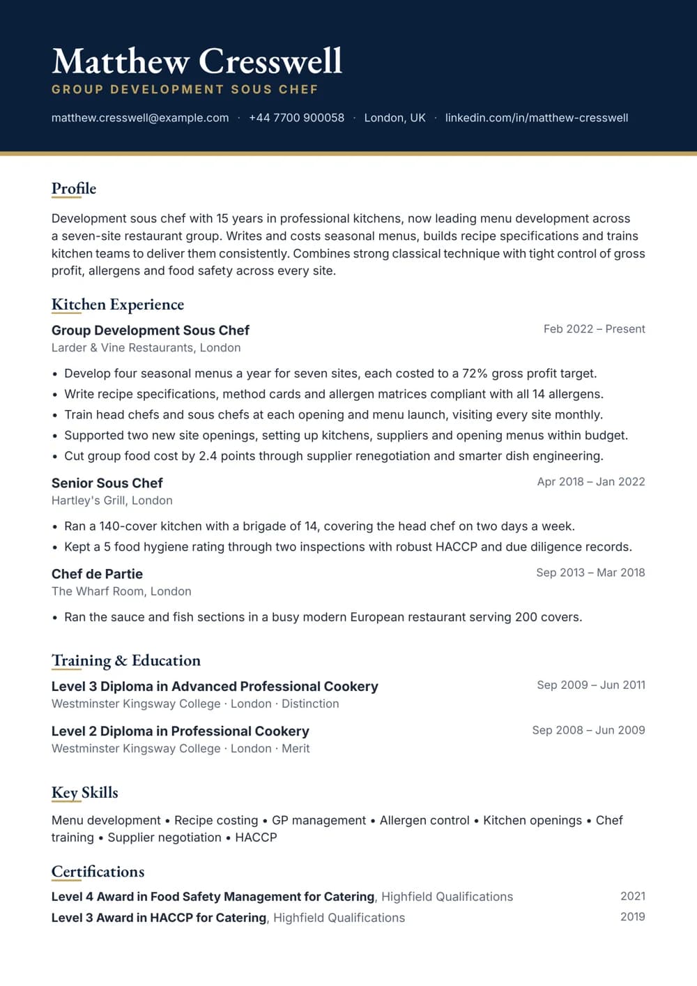 Group Development Sous Chef CV template