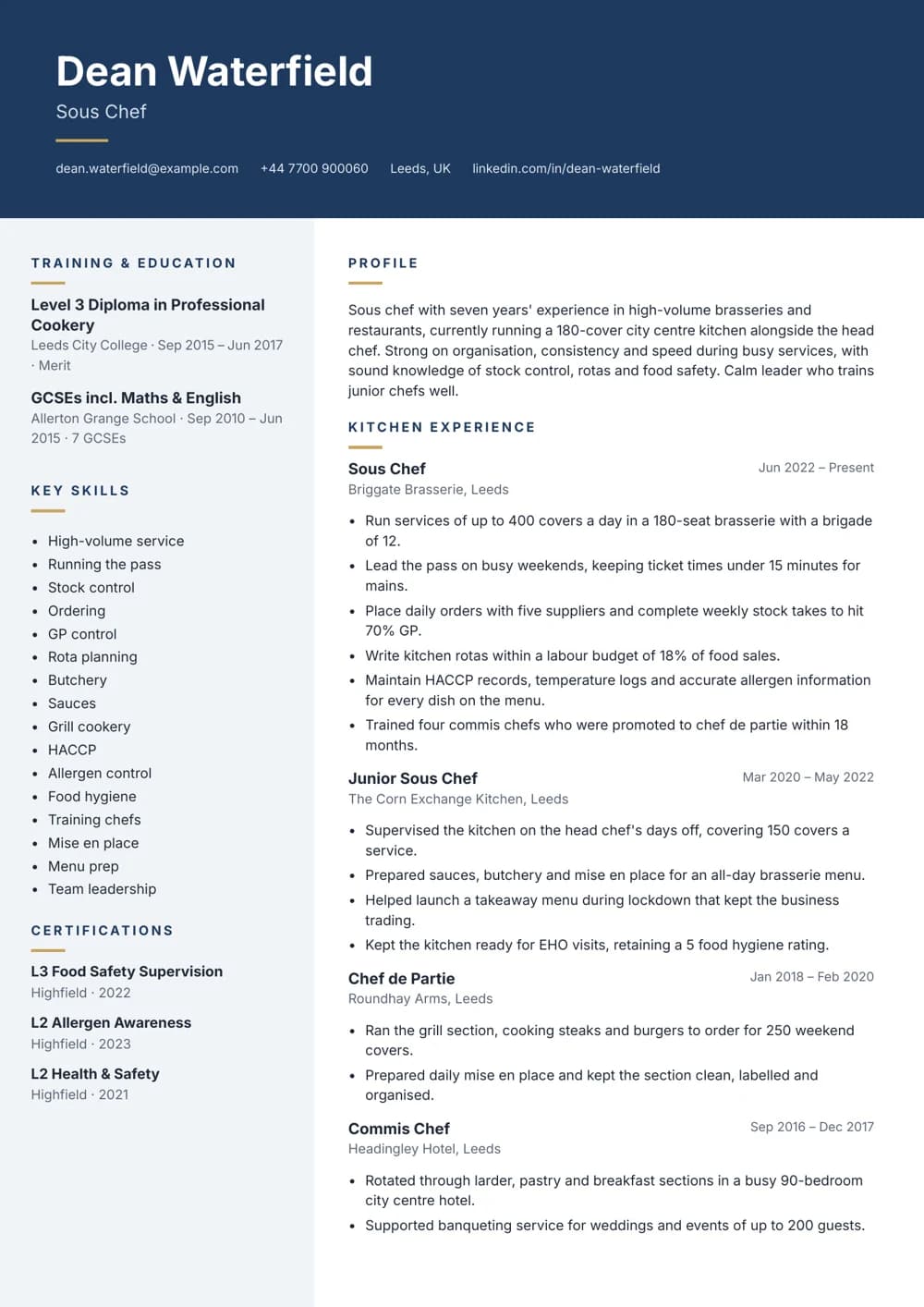 Brasserie Sous Chef CV template