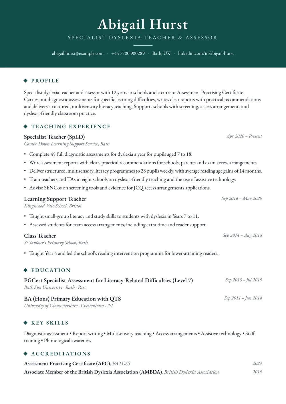 Dyslexia Specialist Teacher CV template
