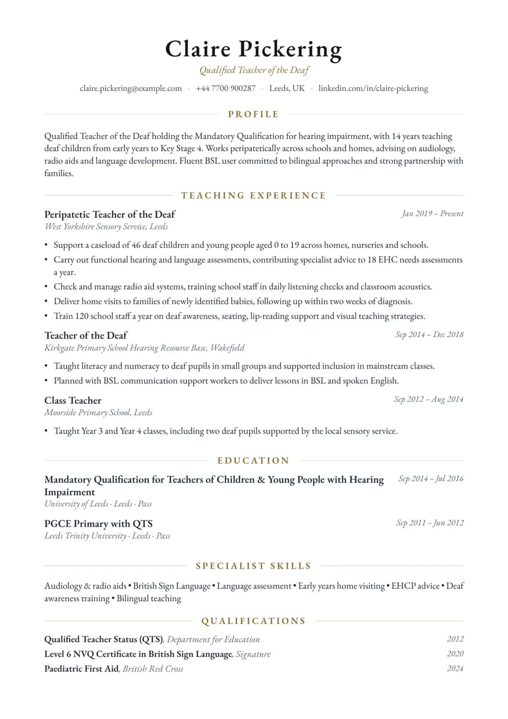 Teacher of the Deaf CV template