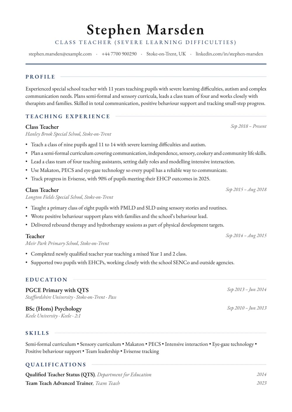 SLD Class Teacher CV template