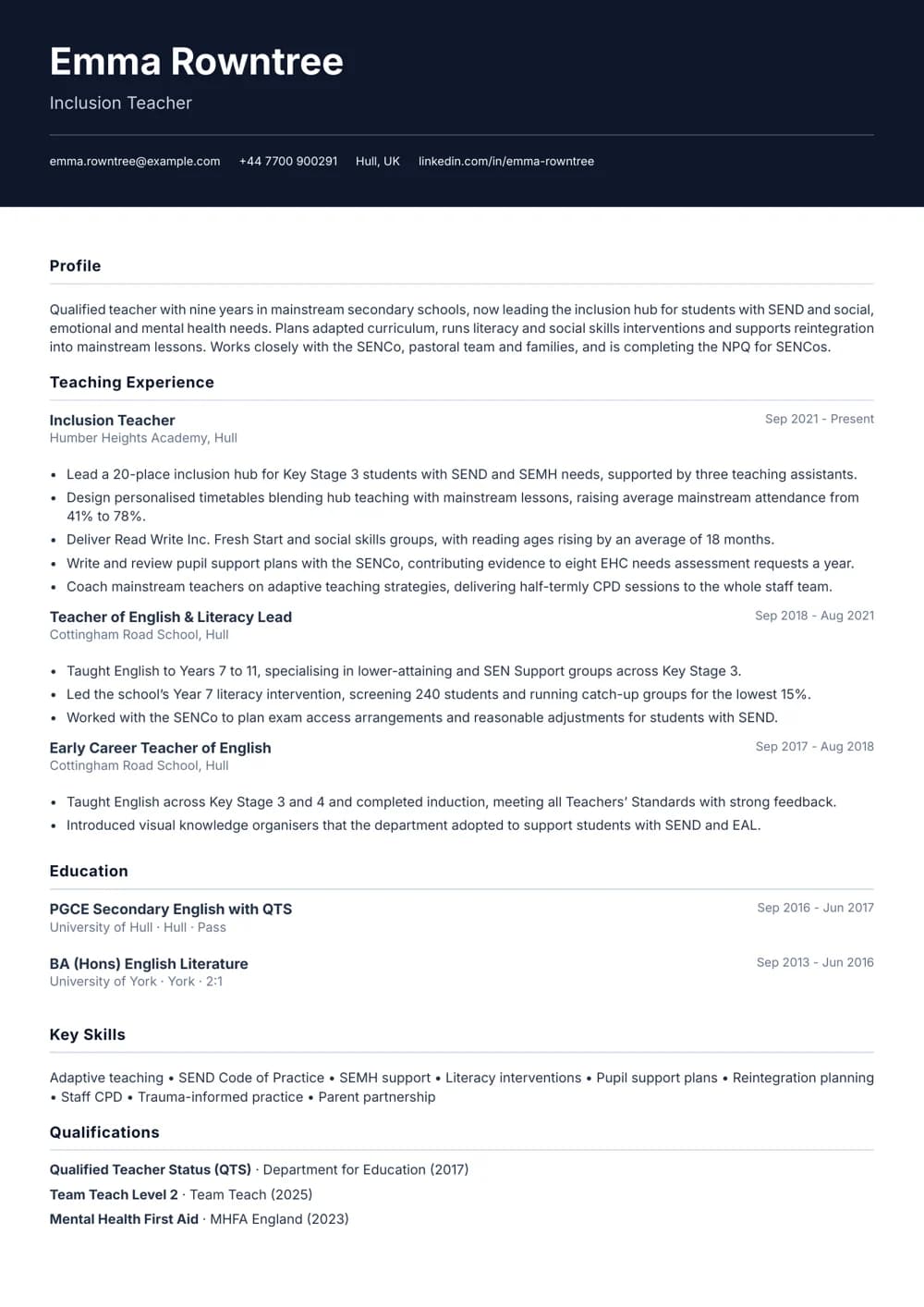 Inclusion Teacher CV template