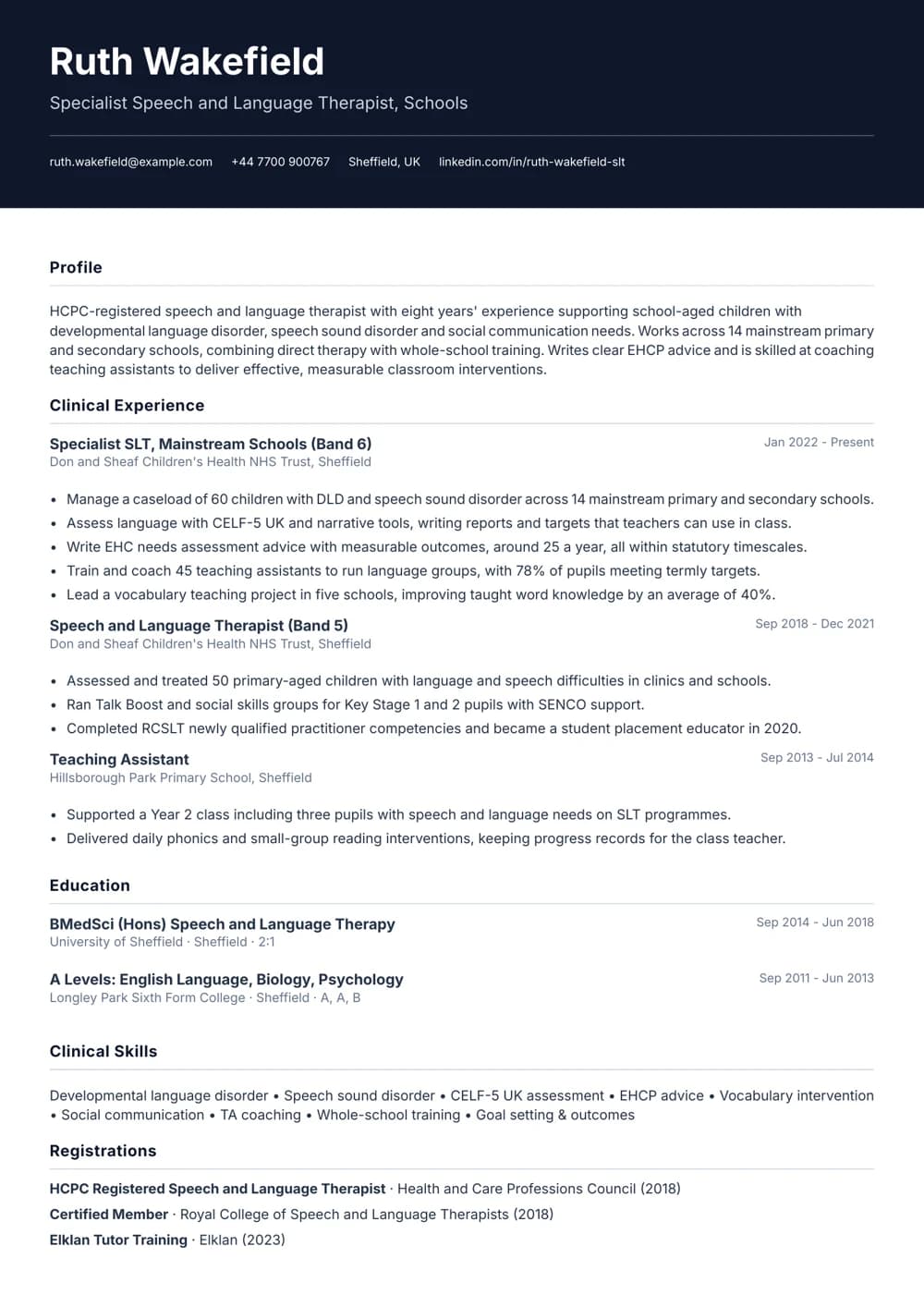 School-Based Speech and Language Therapist CV template