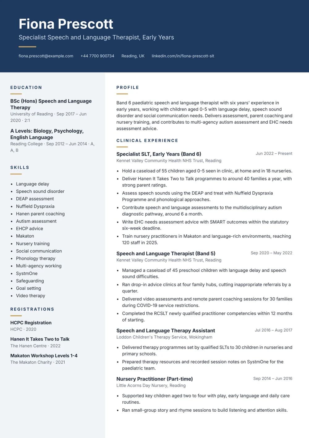 Early Years SLT CV template