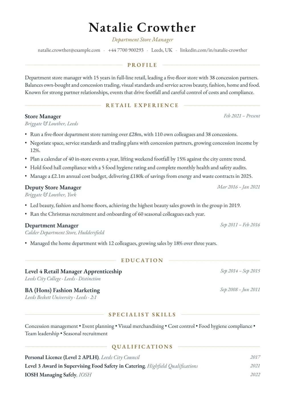 Department Store Manager CV template