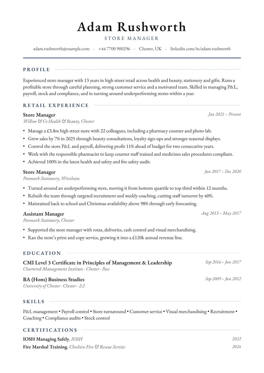 High Street Store Manager CV template