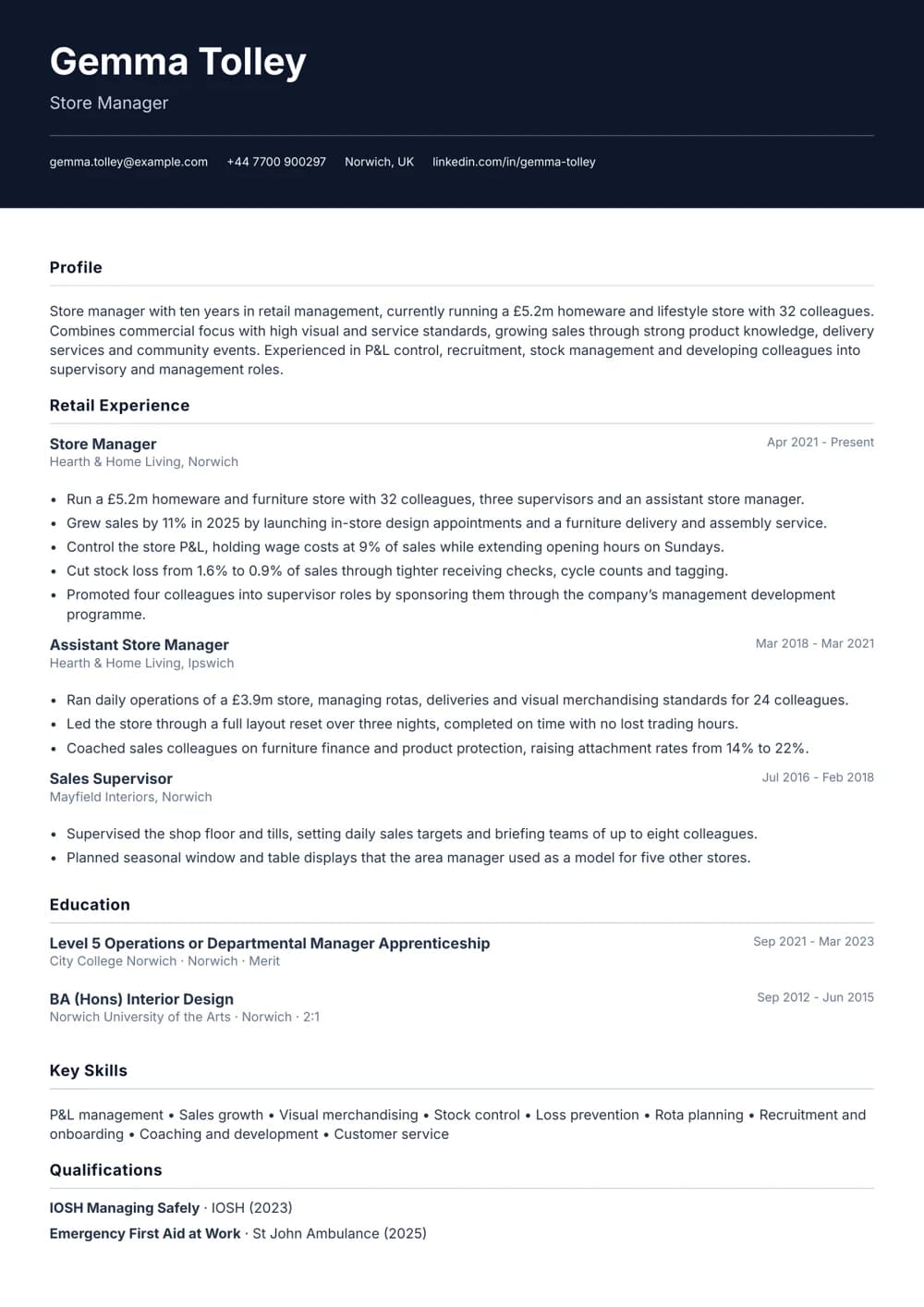 Homeware Store Manager CV template