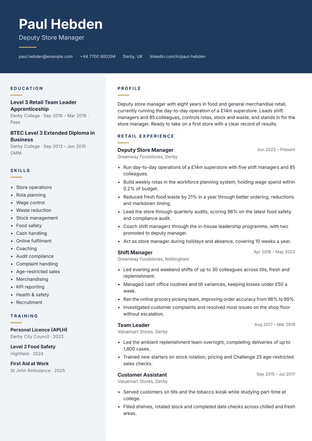 Deputy Store Manager CV template