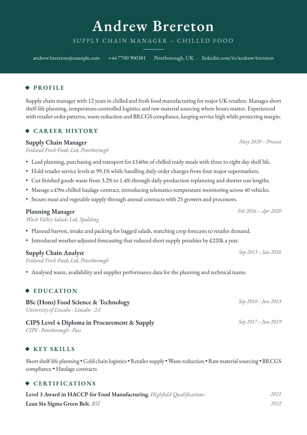 Food Supply Chain Manager CV template