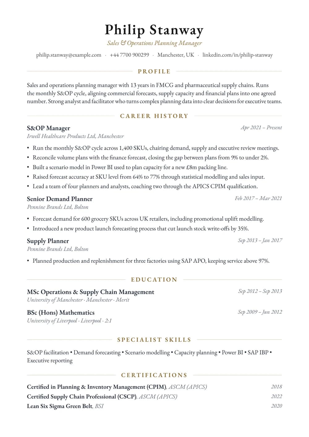 S&OP Manager CV template
