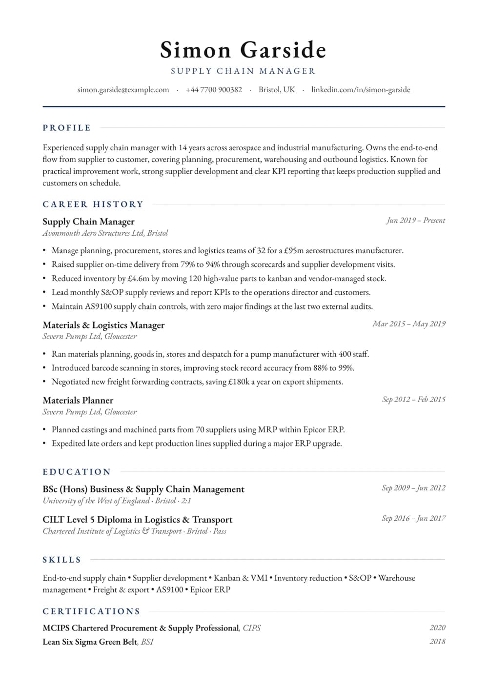 End-to-End Supply Chain Manager CV template