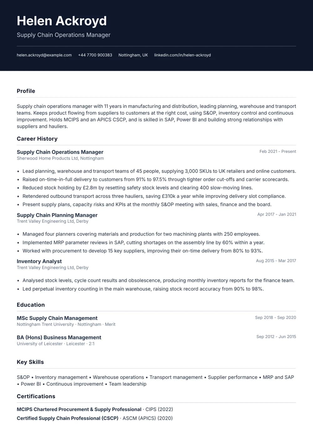 Supply Chain Operations Manager CV template