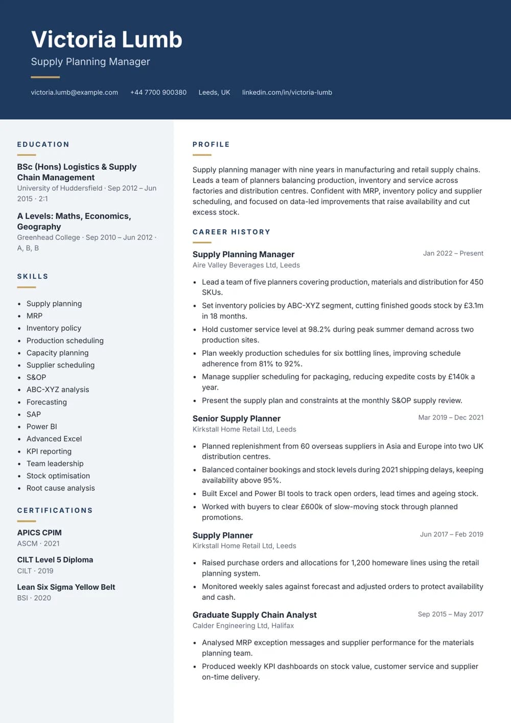 Supply Planning Manager CV template