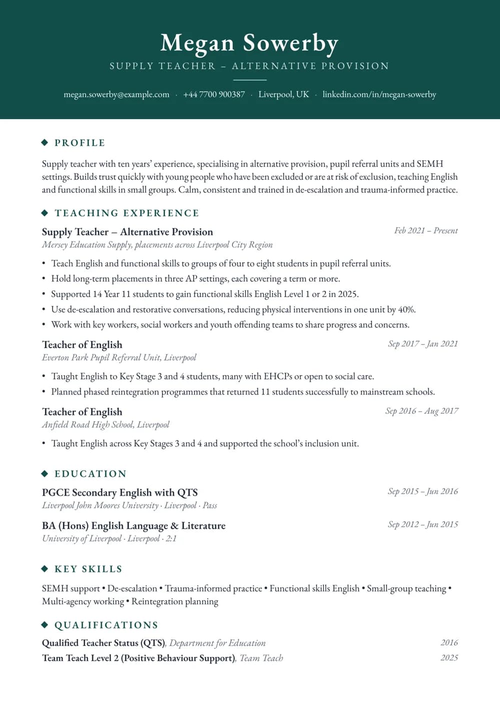 Alternative Provision Supply Teacher CV template