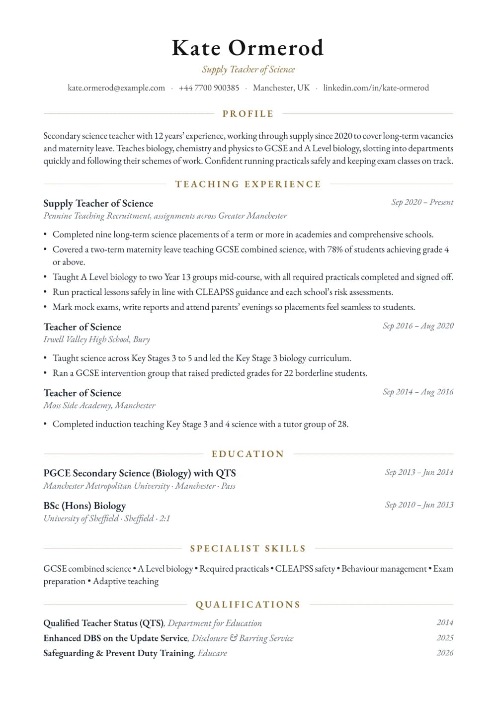 Supply Science Teacher CV template