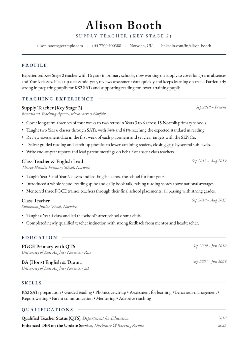 Supply Teacher – KS2 CV template