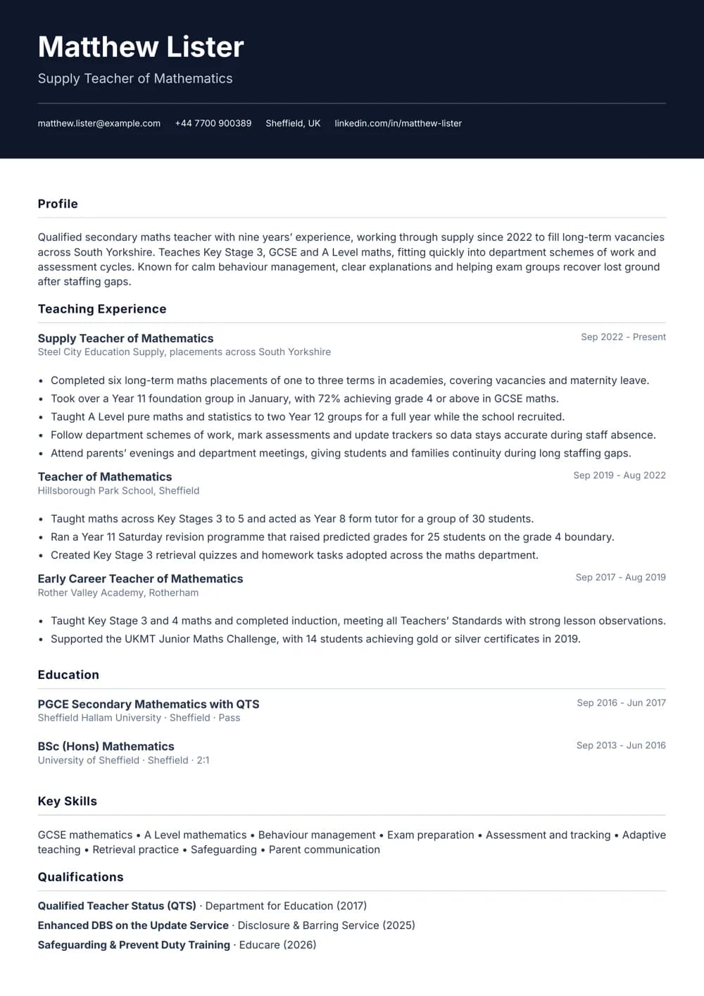 Supply Maths Teacher CV template