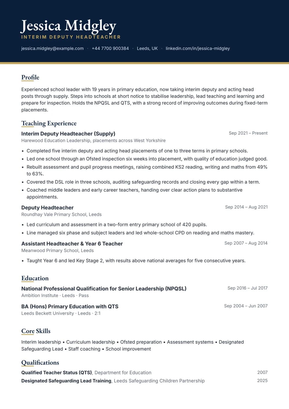 Interim Deputy Headteacher CV template