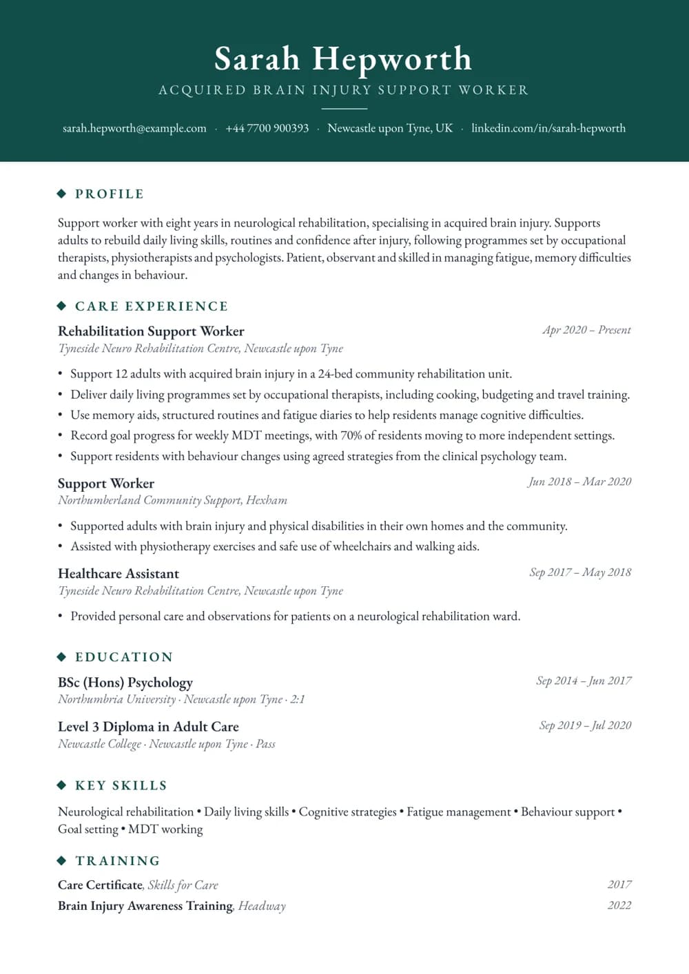 brain injury support worker cv template