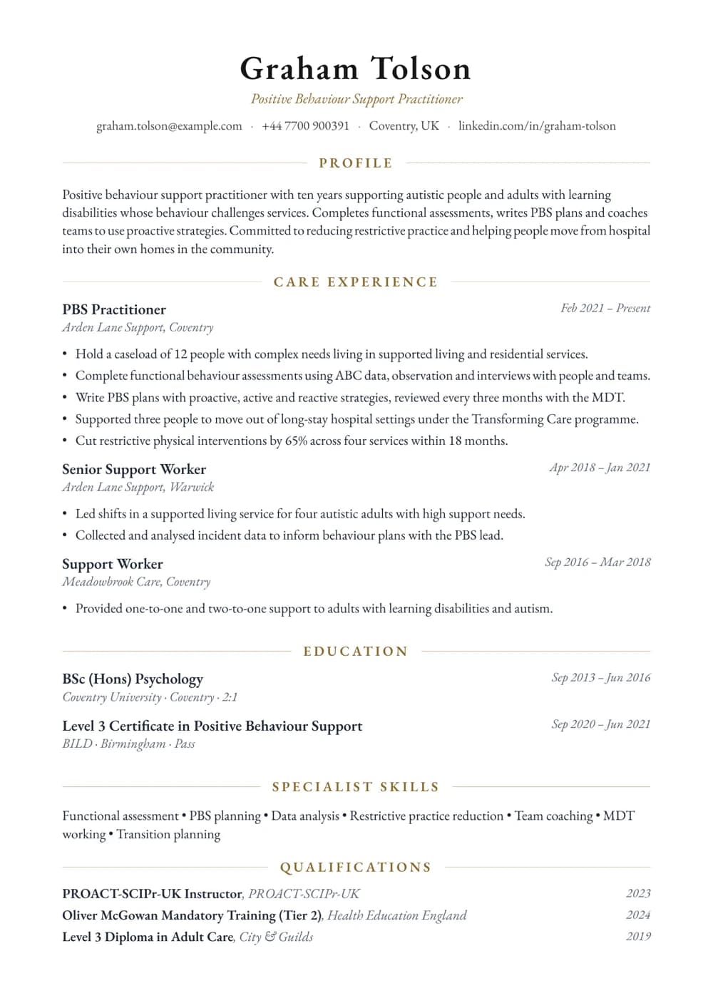Positive Behaviour Support Worker CV template